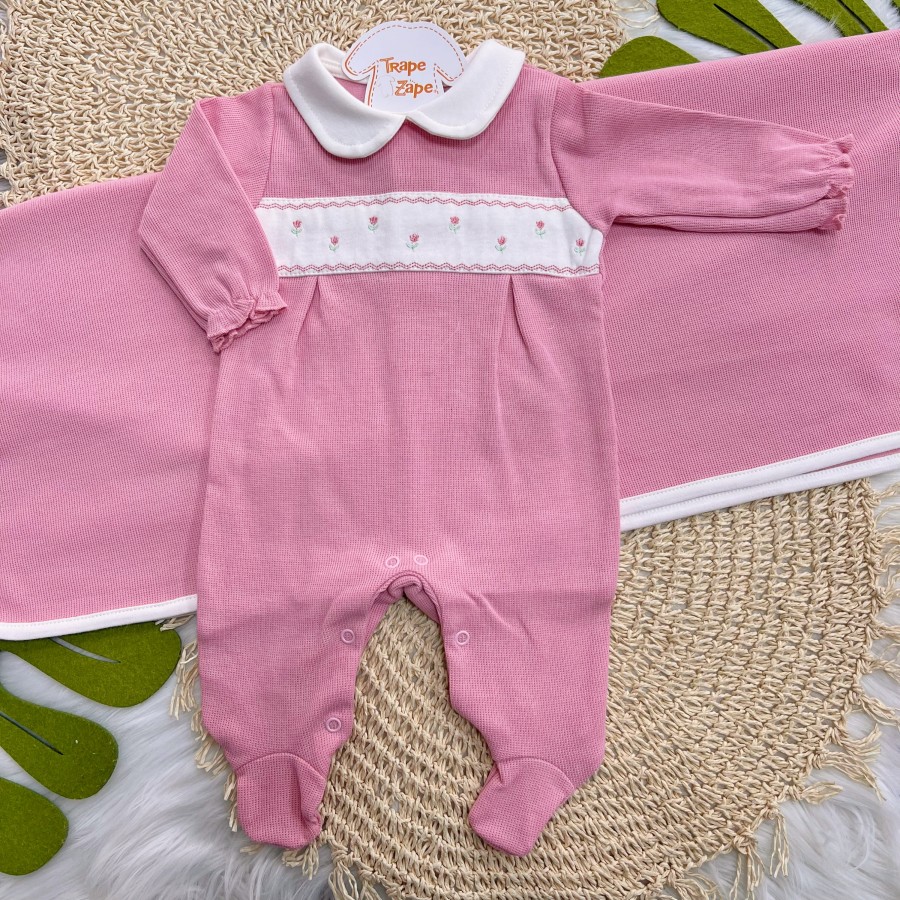 Saída de Maternidade Tricotil (Tricot 100% Algodão) - Rose com Flores Bordadas
